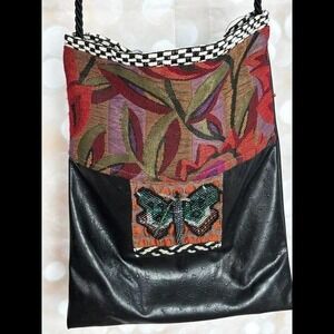 Veranda Wear Beaded Butterfly Tapestry Bag Black Faux Leather Rope Strap